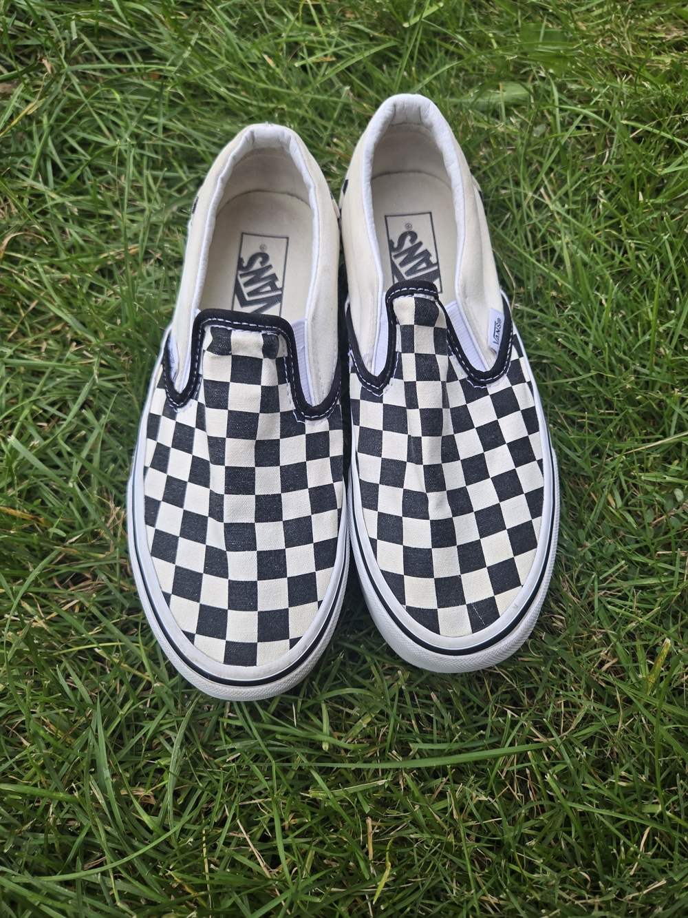 Vans Classic Slip-On Checkerboard Sneakers - Black/White.
